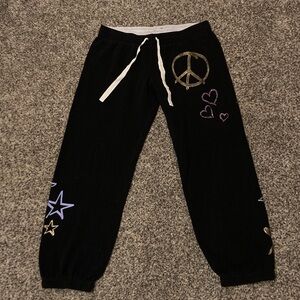 PINK Victoria's Secret Black Joggers with Peace and Star Designs
